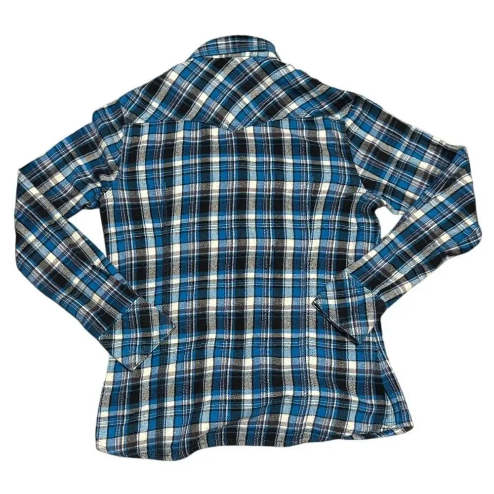 True Religion Western Plaid Flannel Shirt Blue Black White Pearl Snap XL